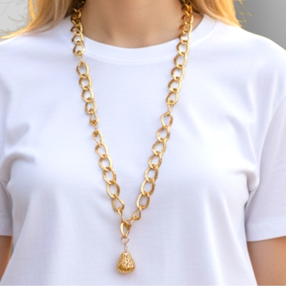 Vintage Sarah Coventry Cov Gold Curb Link Necklace 32" Filigree Pendant Bold